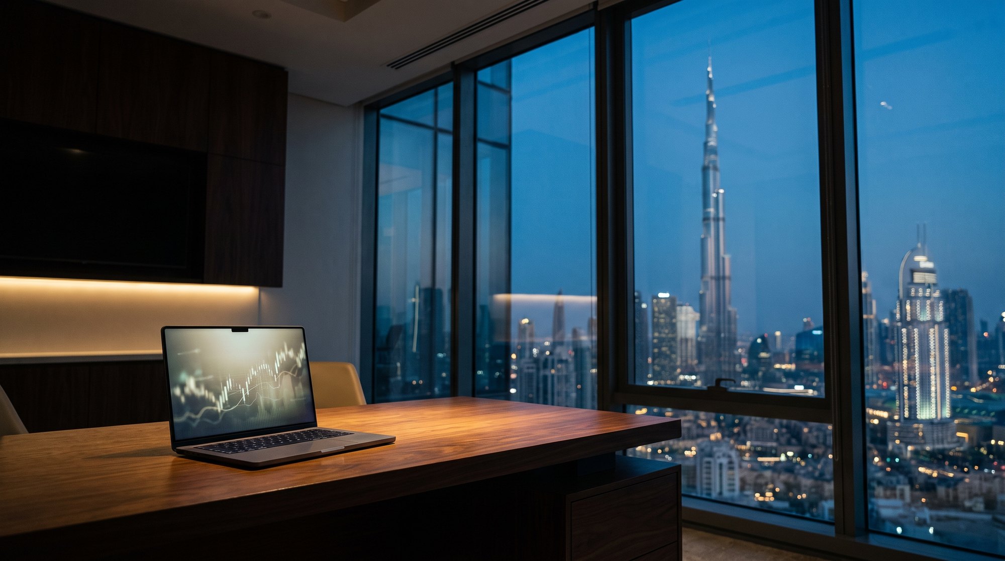 A desk with a laptop in a Dubai office, the skyline with the Burj Khalifa behind it at blue hour
