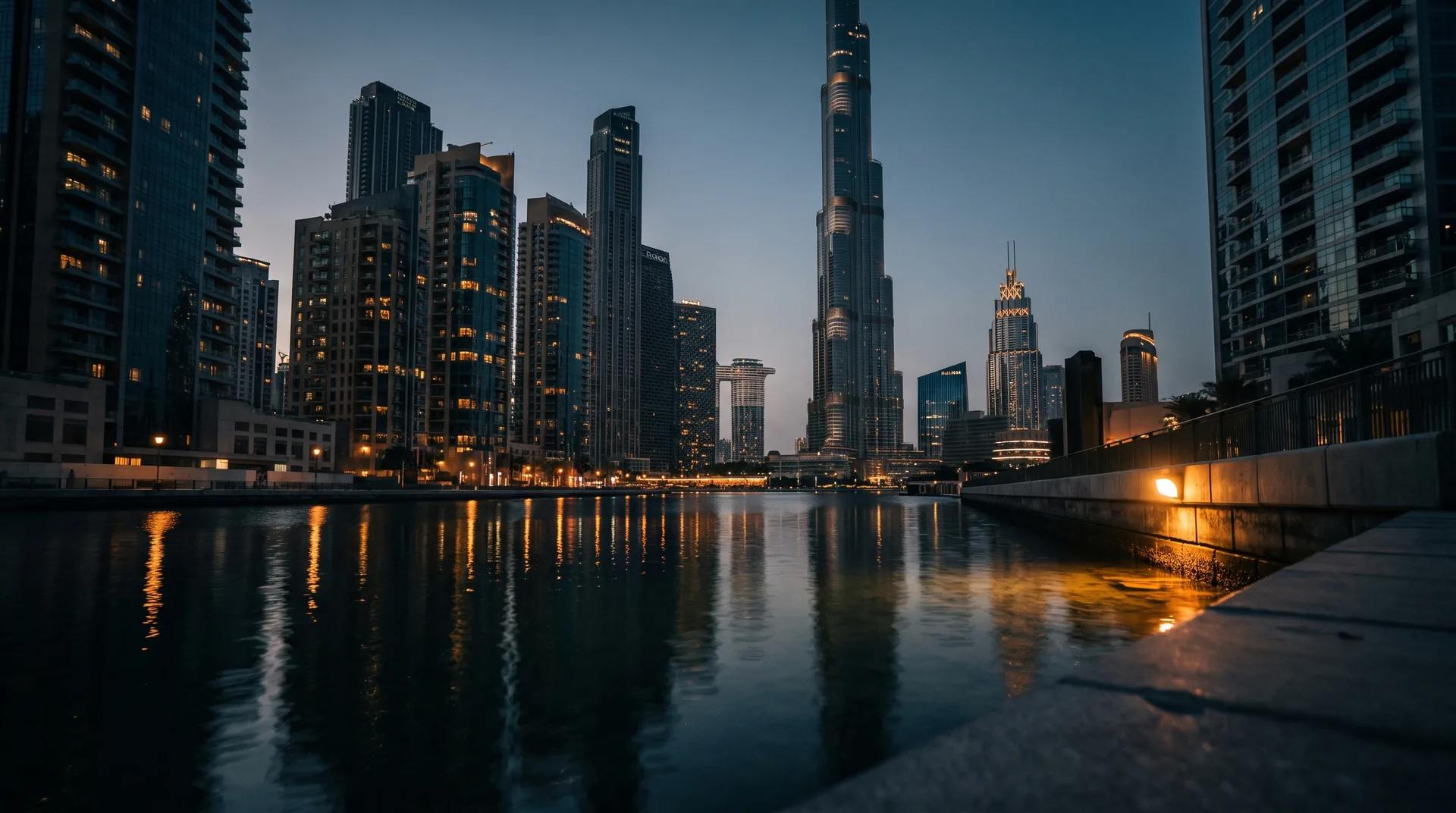 Dubai skyline with the Burj Khalifa at dusk